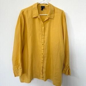 EILEEN FISHER Irish Linen Button Up Shirt Top Yellow Long Sleeve Minimalist L